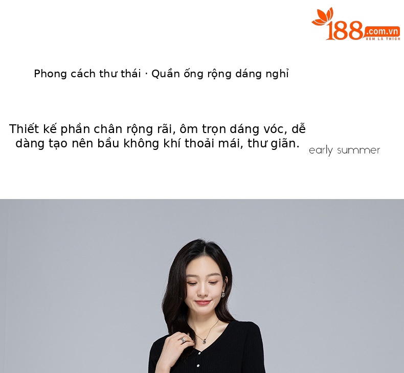 Quần culottes nữ ống rộng cạp chun rút dây dáng lười — Xanh lông mòng đen chi tiết 5