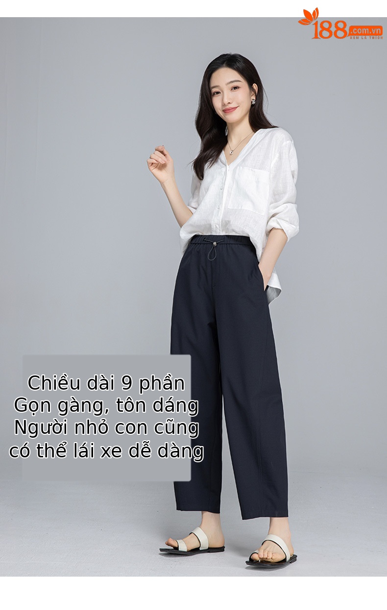 Quần culottes nữ ống rộng cạp chun rút dây dáng lười — Xanh lông mòng đen chi tiết 14