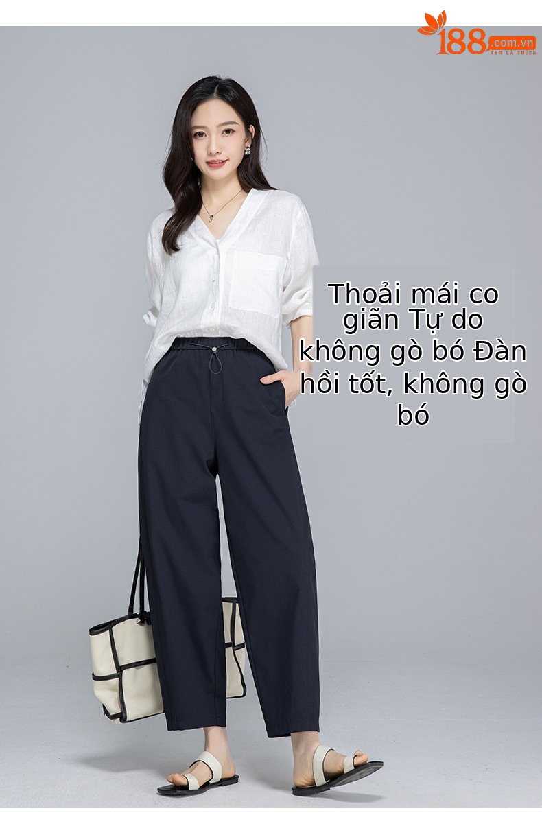 Quần culottes nữ ống rộng cạp chun rút dây dáng lười — Xanh lông mòng đen chi tiết 17