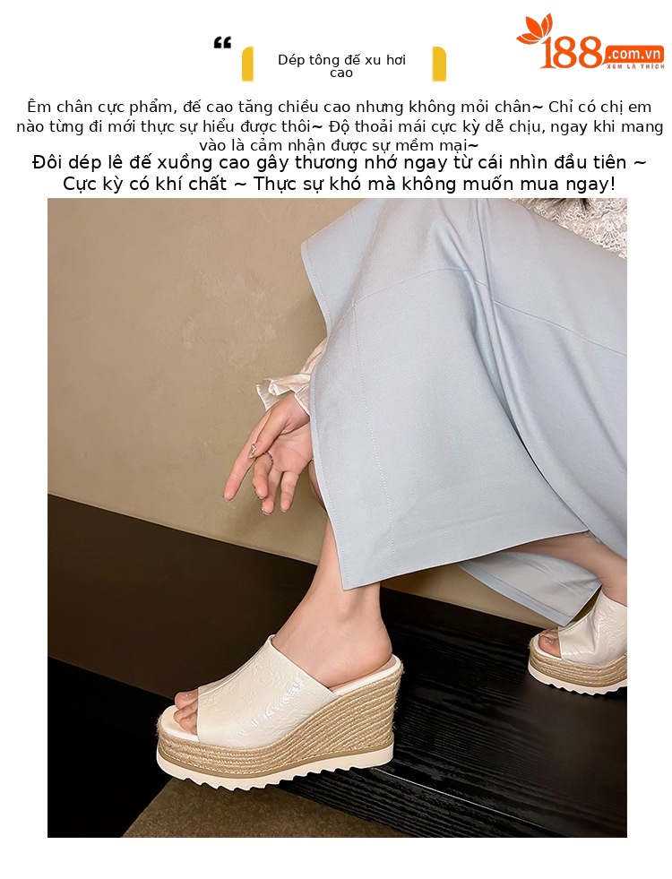 Sandal cao gót nữ mũi hở đế xuồng đan rơm phong cách La Mã — màu be, bạc chi tiết 2