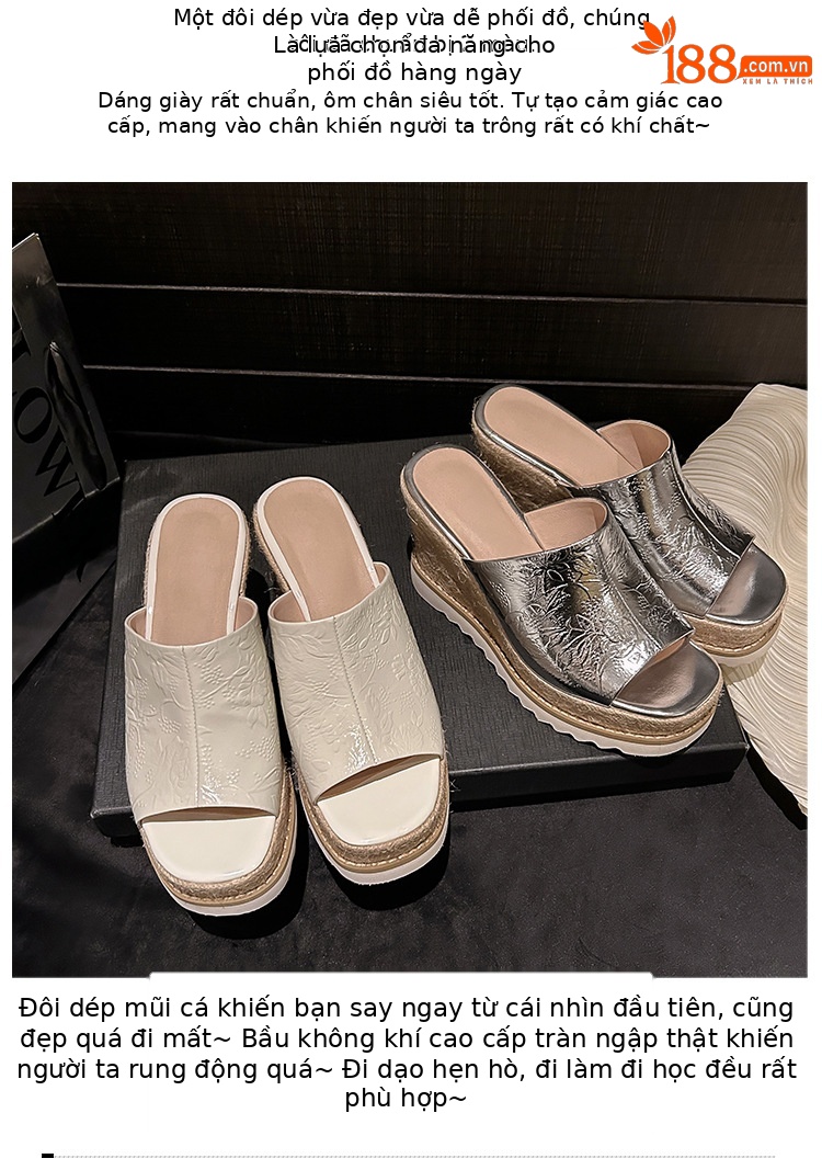 Sandal cao gót nữ mũi hở đế xuồng đan rơm phong cách La Mã — màu be, bạc chi tiết 3