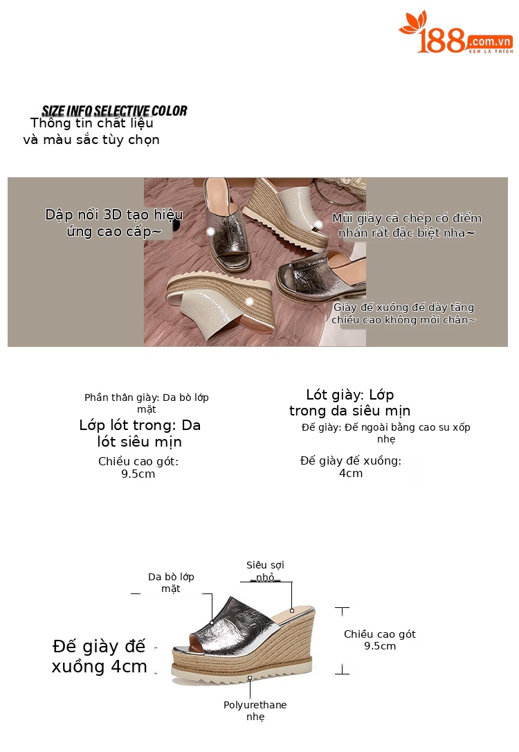 Sandal cao gót nữ mũi hở đế xuồng đan rơm phong cách La Mã — màu be, bạc chi tiết 4