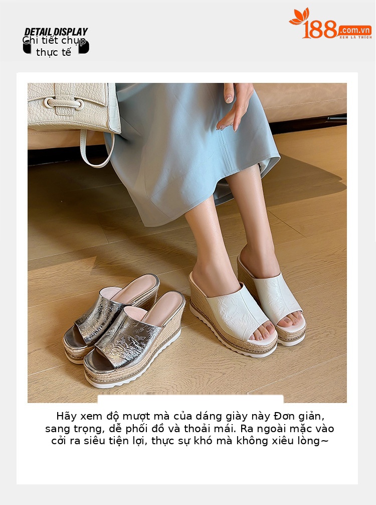 Sandal cao gót nữ mũi hở đế xuồng đan rơm phong cách La Mã — màu be, bạc chi tiết 6
