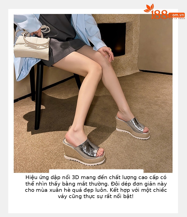 Sandal cao gót nữ mũi hở đế xuồng đan rơm phong cách La Mã — màu be, bạc chi tiết 7