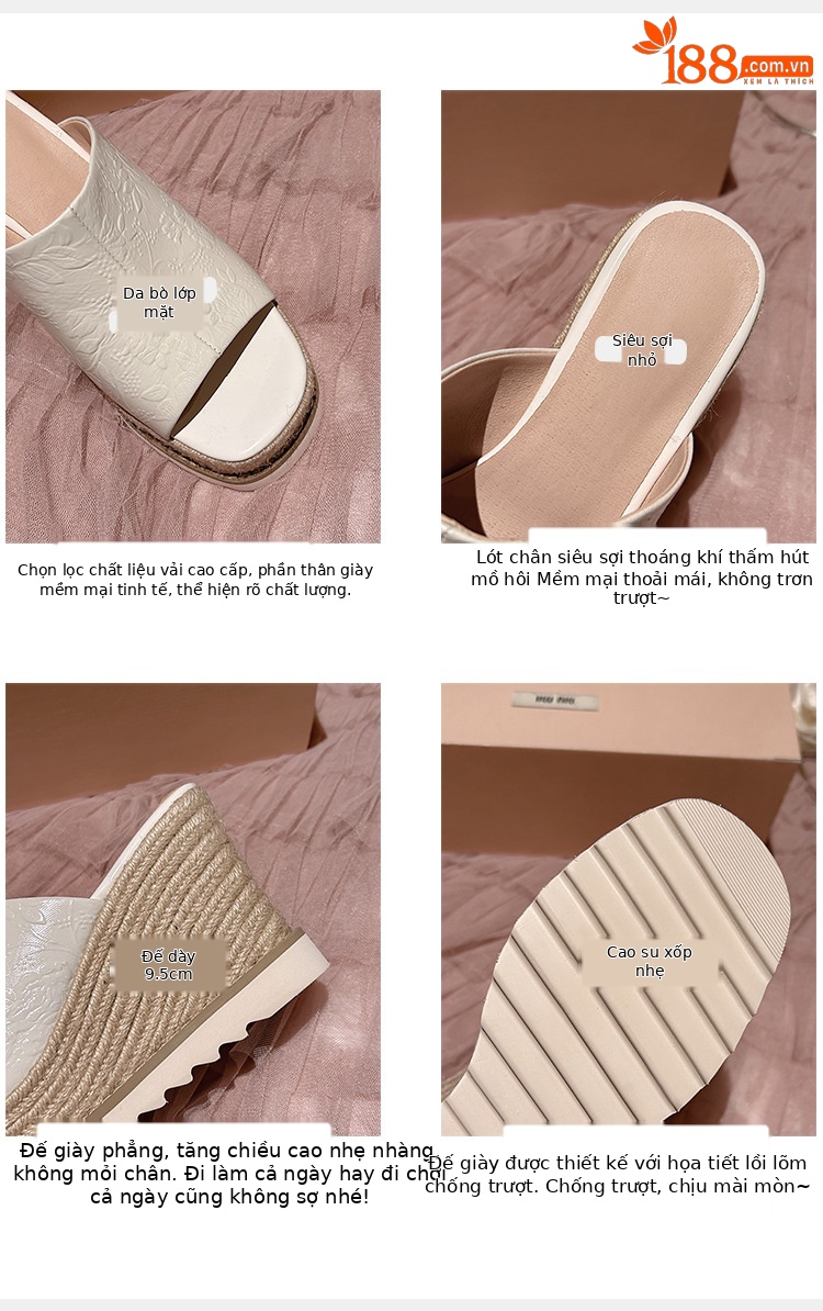 Sandal cao gót nữ mũi hở đế xuồng đan rơm phong cách La Mã — màu be, bạc chi tiết 8