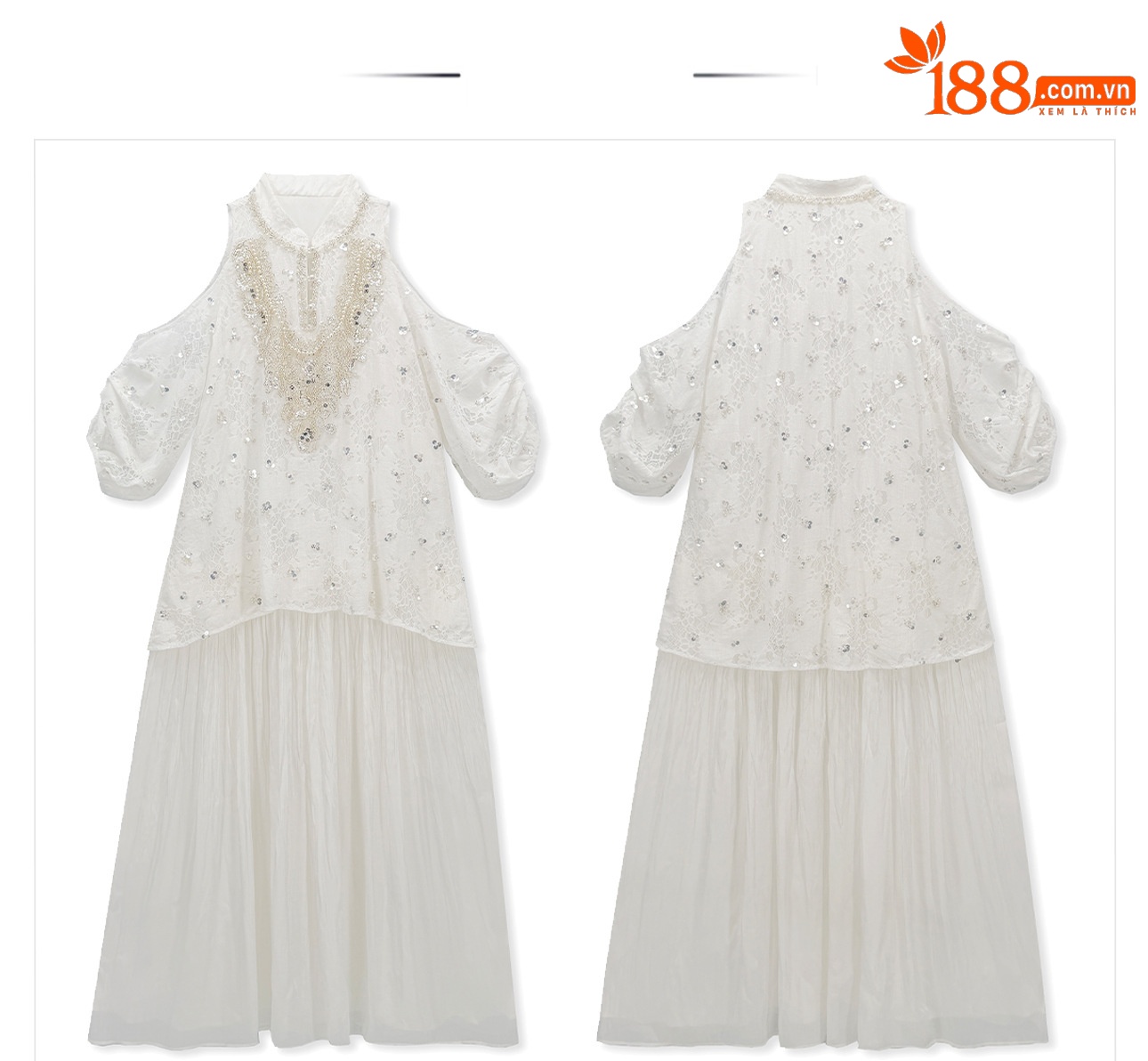 Đầm maxi tay bong bóng mở rộng vai — Tuyết Xanh, Aurora trắng chi tiết 13