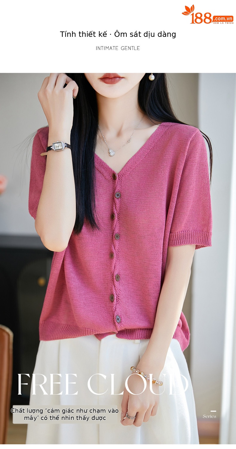 Áo thun nữ cổ V tay ngắn dệt kim phong cách Hàn Quốc, thiết kế đơn giản che khuyết điểm — Cam caramel chi tiết 1