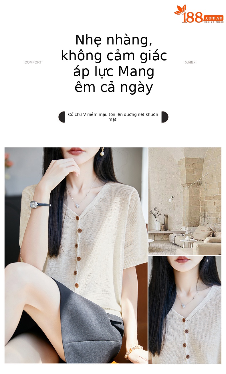 Áo thun nữ cổ V tay ngắn dệt kim phong cách Hàn Quốc, thiết kế đơn giản che khuyết điểm — Cam caramel chi tiết 2