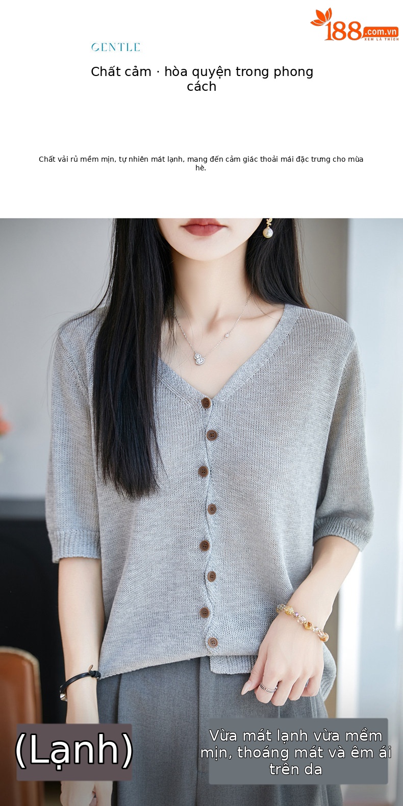 Áo thun nữ cổ V tay ngắn dệt kim phong cách Hàn Quốc, thiết kế đơn giản che khuyết điểm — Cam caramel chi tiết 3