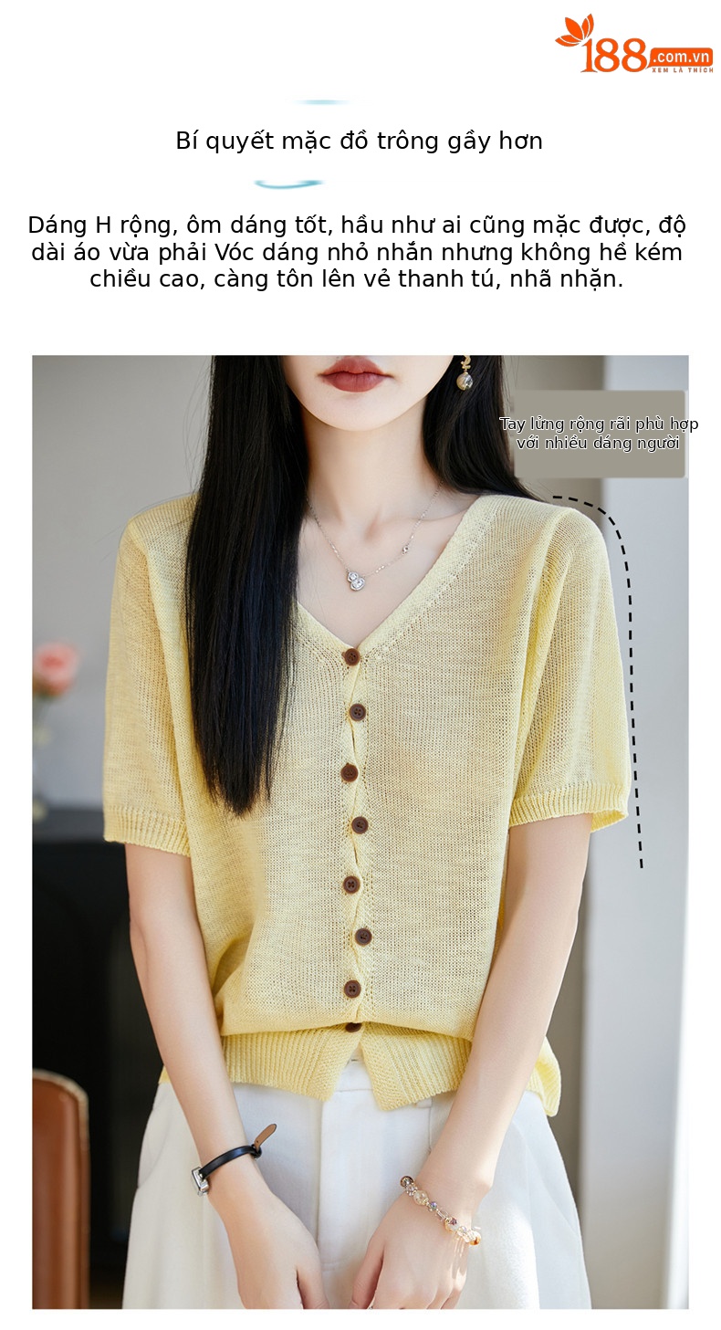 Áo thun nữ cổ V tay ngắn dệt kim phong cách Hàn Quốc, thiết kế đơn giản che khuyết điểm — Cam caramel chi tiết 4