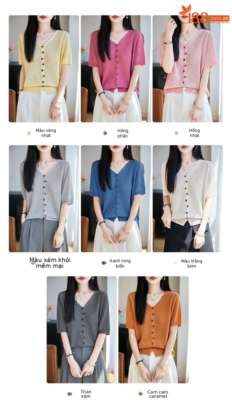Áo thun nữ cổ V tay ngắn dệt kim phong cách Hàn Quốc, thiết kế đơn giản che khuyết điểm — Cam caramel chi tiết 8