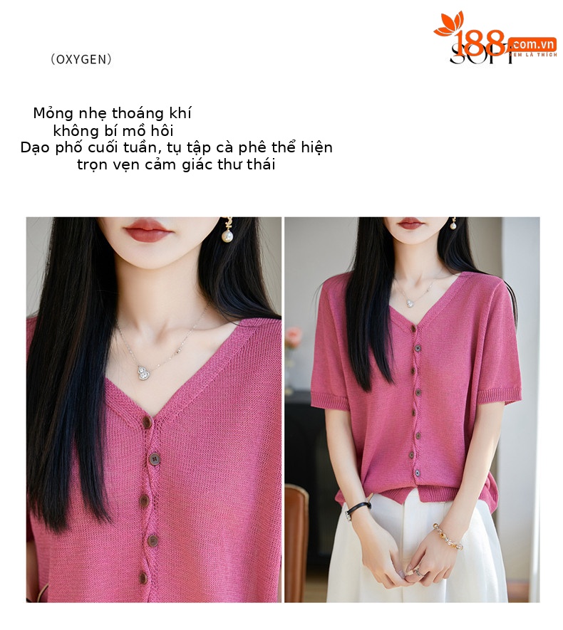 Áo thun nữ cổ V tay ngắn dệt kim phong cách Hàn Quốc, thiết kế đơn giản che khuyết điểm — Cam caramel chi tiết 9
