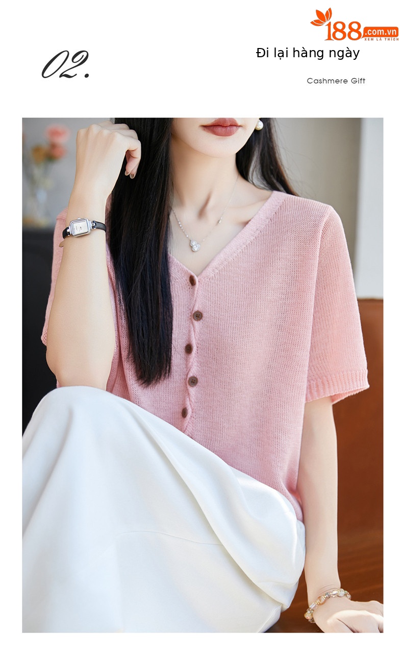 Áo thun nữ cổ V tay ngắn dệt kim phong cách Hàn Quốc, thiết kế đơn giản che khuyết điểm — Cam caramel chi tiết 11
