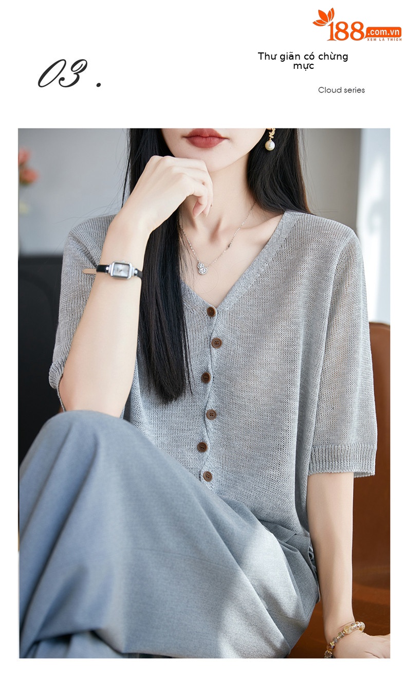Áo thun nữ cổ V tay ngắn dệt kim phong cách Hàn Quốc, thiết kế đơn giản che khuyết điểm — Cam caramel chi tiết 13