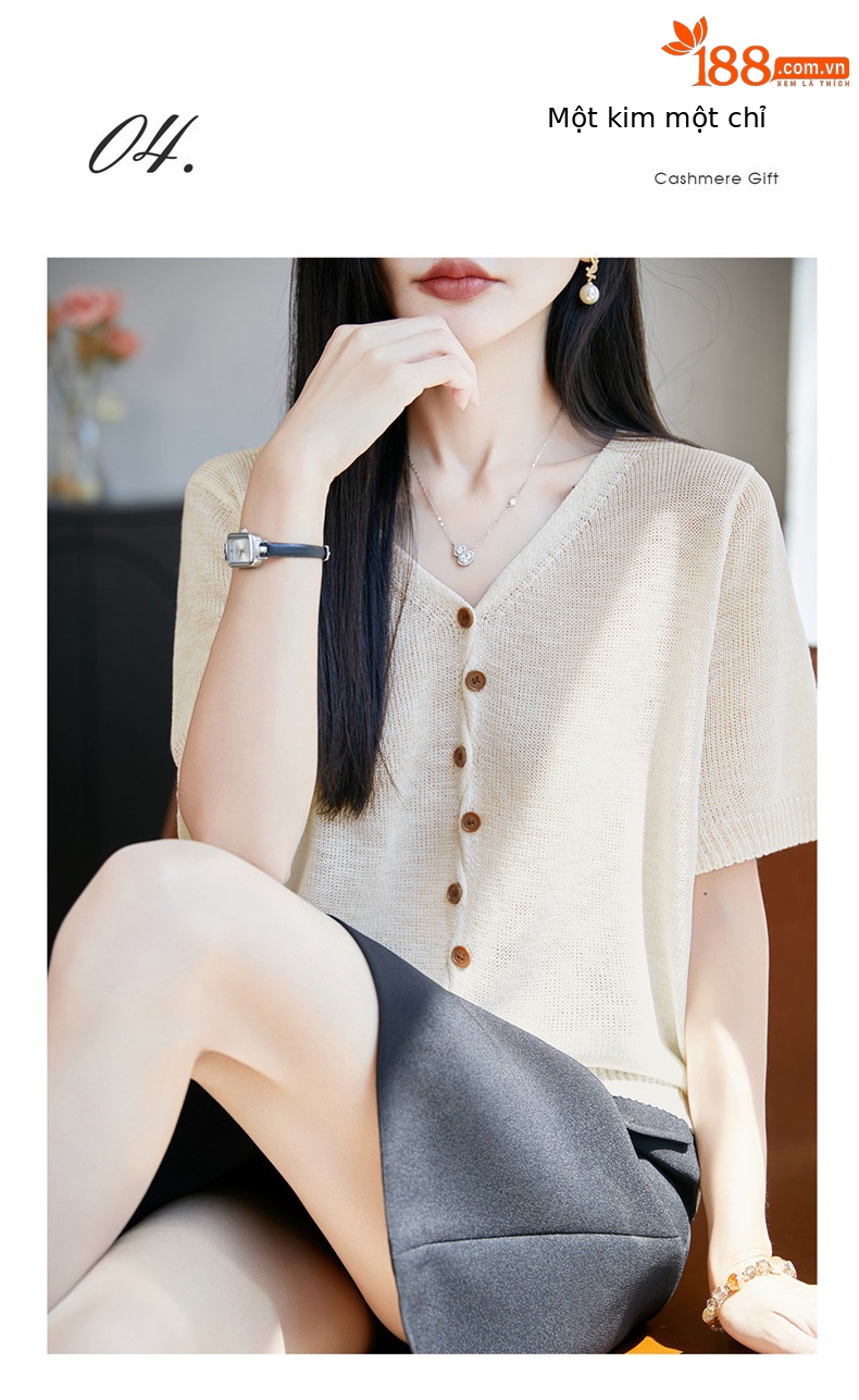 Áo thun nữ cổ V tay ngắn dệt kim phong cách Hàn Quốc, thiết kế đơn giản che khuyết điểm — Cam caramel chi tiết 16