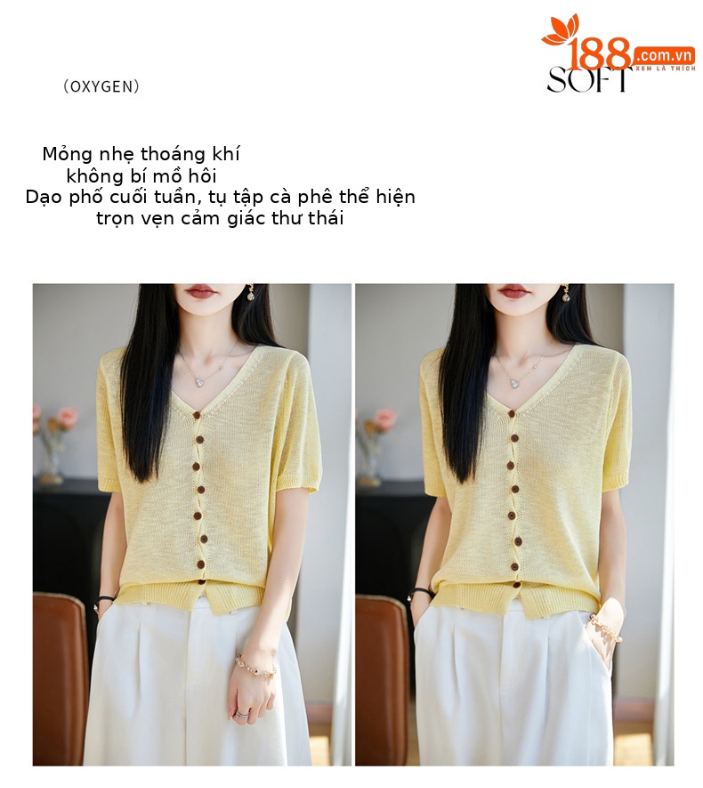 Áo thun nữ cổ V tay ngắn dệt kim phong cách Hàn Quốc, thiết kế đơn giản che khuyết điểm — Cam caramel chi tiết 18