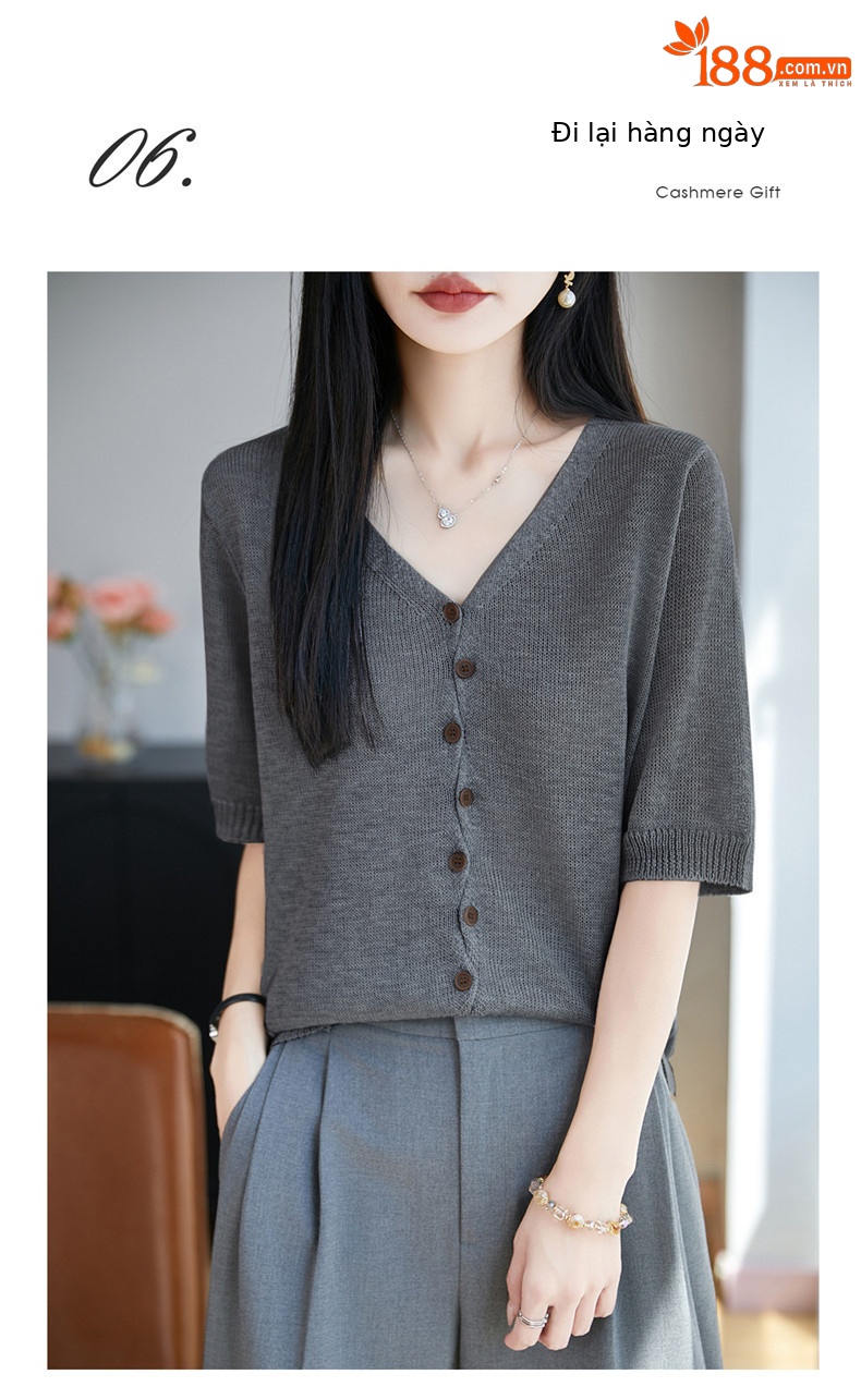 Áo thun nữ cổ V tay ngắn dệt kim phong cách Hàn Quốc, thiết kế đơn giản che khuyết điểm — Cam caramel chi tiết 20