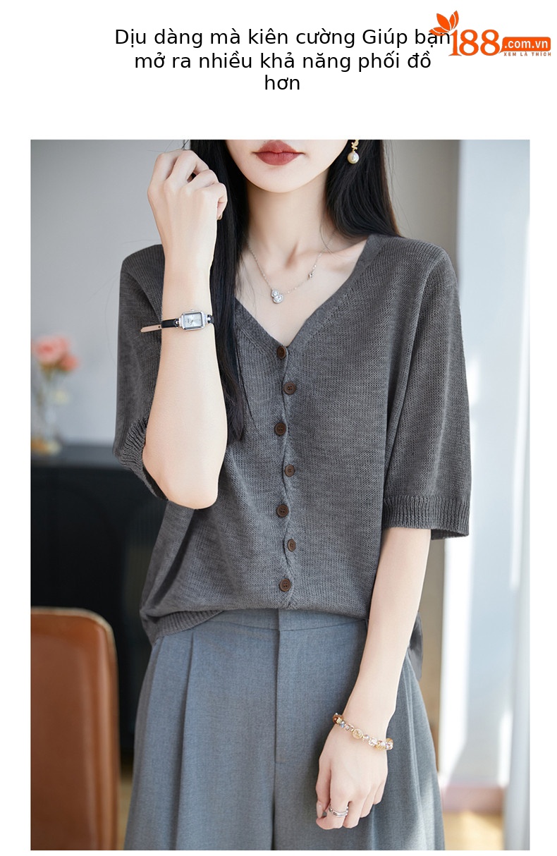 Áo thun nữ cổ V tay ngắn dệt kim phong cách Hàn Quốc, thiết kế đơn giản che khuyết điểm — Cam caramel chi tiết 21
