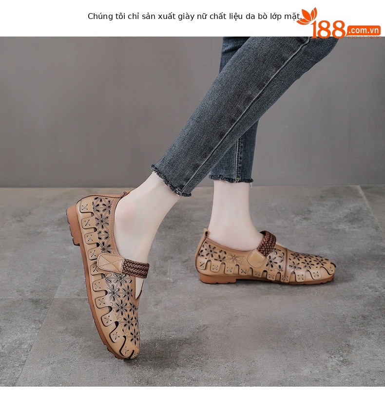 Sandal nữ da bò thật đế bệt phong cách retro họa tiết rỗ — màu trắng chi tiết 2