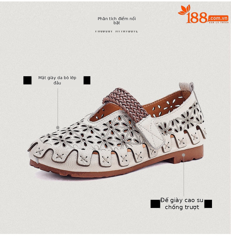 Sandal nữ da bò thật đế bệt phong cách retro họa tiết rỗ — màu trắng chi tiết 3