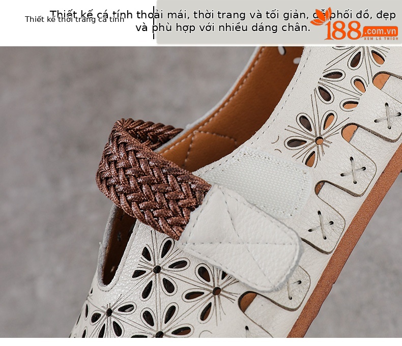 Sandal nữ da bò thật đế bệt phong cách retro họa tiết rỗ — màu trắng chi tiết 5