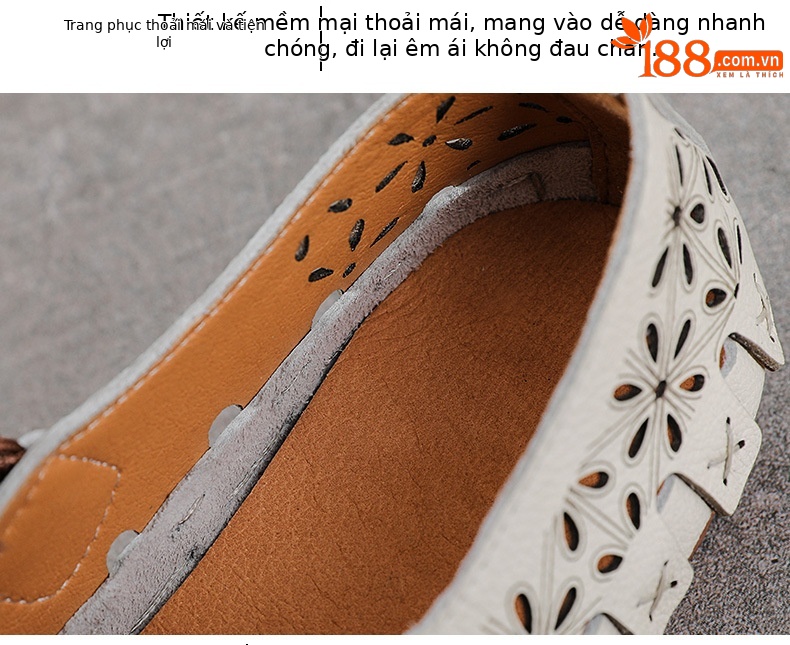 Sandal nữ da bò thật đế bệt phong cách retro họa tiết rỗ — màu trắng chi tiết 6