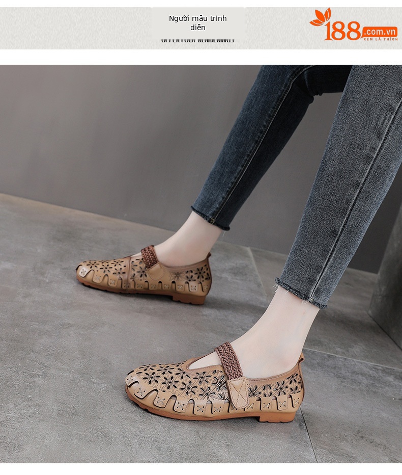 Sandal nữ da bò thật đế bệt phong cách retro họa tiết rỗ — màu trắng chi tiết 9