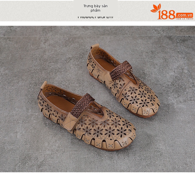 Sandal nữ da bò thật đế bệt phong cách retro họa tiết rỗ — màu trắng chi tiết 10