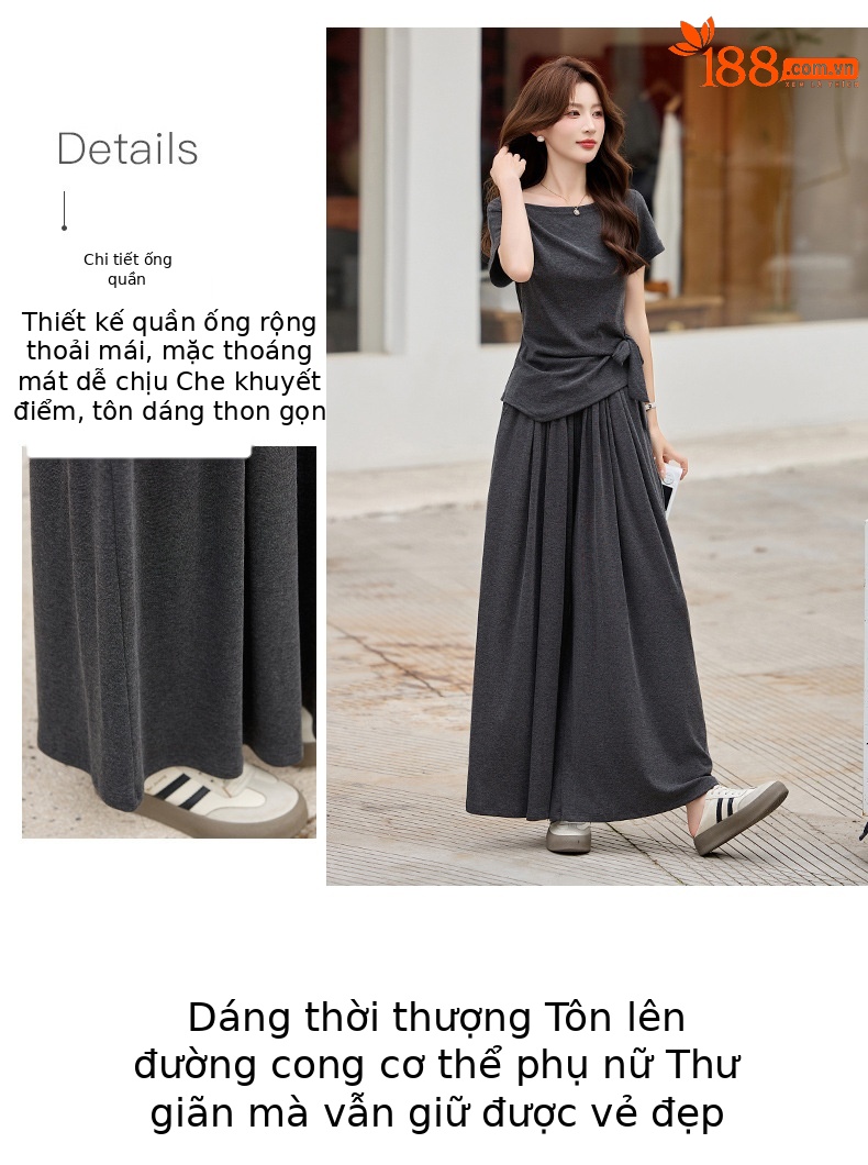 Bộ quần áo nữ thiết kế dây rút, áo phông phối quần ống rộng, form rộng thoải mái — Màu ảnh chi tiết 5