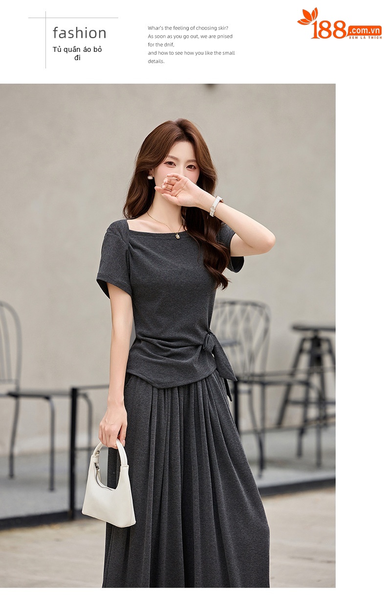 Bộ quần áo nữ thiết kế dây rút, áo phông phối quần ống rộng, form rộng thoải mái — Màu ảnh chi tiết 16
