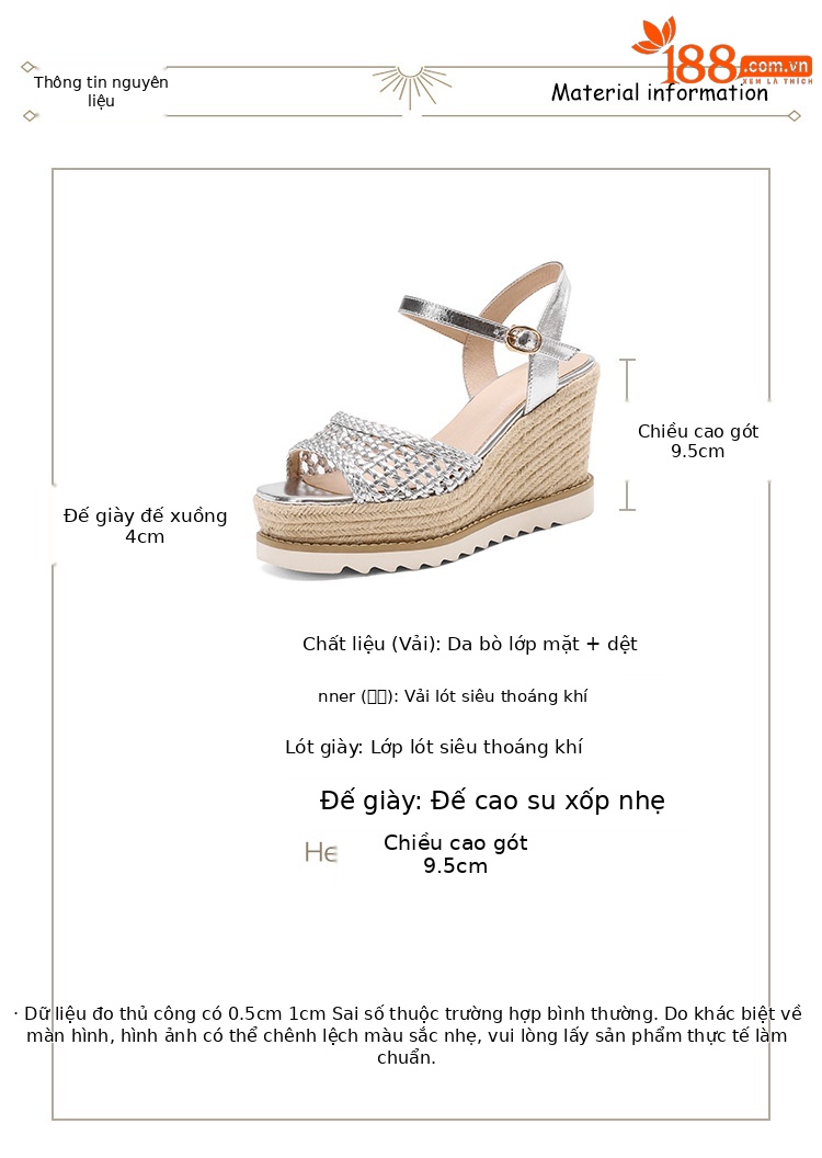 Sandal cao gót nữ mũi vuông hở ngón, đế xuồng đan rơm, gót 9 cm — màu vàng, bạc chi tiết 2