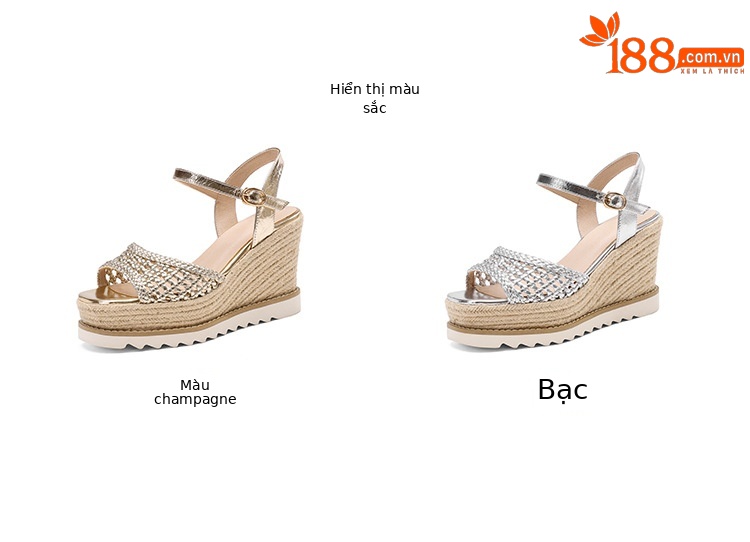 Sandal cao gót nữ mũi vuông hở ngón, đế xuồng đan rơm, gót 9 cm — màu vàng, bạc chi tiết 3