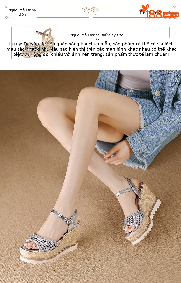 Sandal cao gót nữ mũi vuông hở ngón, đế xuồng đan rơm, gót 9 cm — màu vàng, bạc chi tiết 4