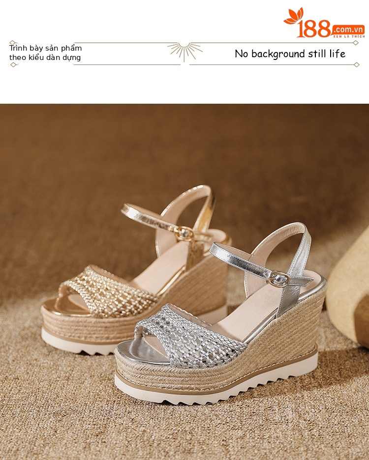 Sandal cao gót nữ mũi vuông hở ngón, đế xuồng đan rơm, gót 9 cm — màu vàng, bạc chi tiết 14