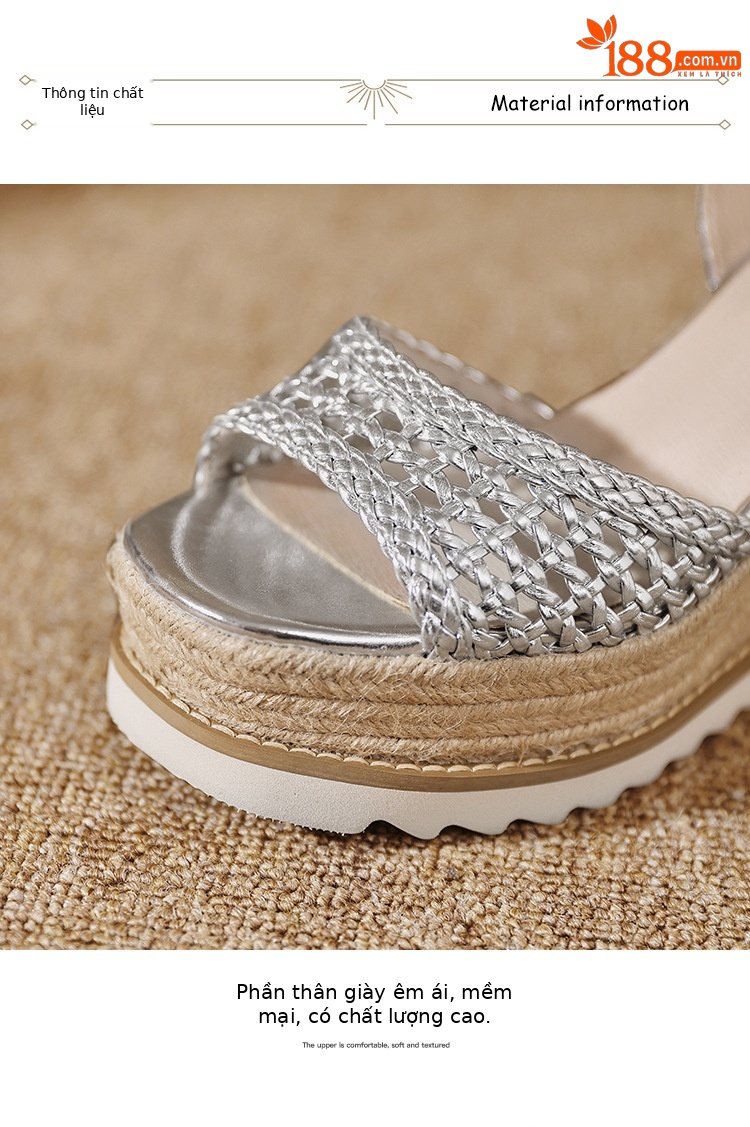 Sandal cao gót nữ mũi vuông hở ngón, đế xuồng đan rơm, gót 9 cm — màu vàng, bạc chi tiết 17