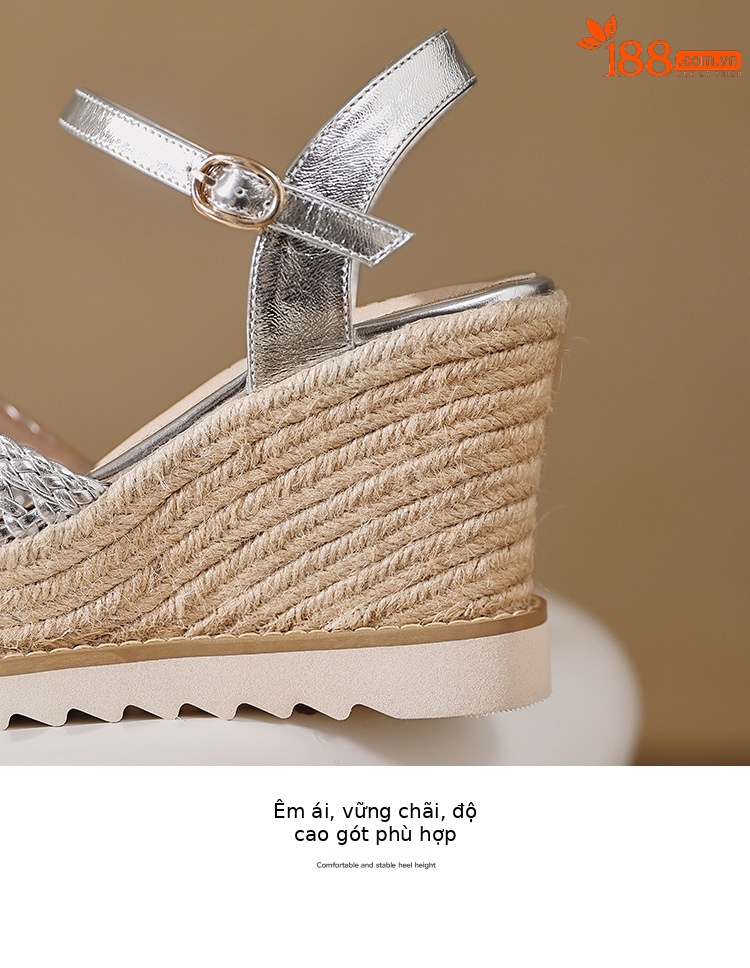 Sandal cao gót nữ mũi vuông hở ngón, đế xuồng đan rơm, gót 9 cm — màu vàng, bạc chi tiết 18