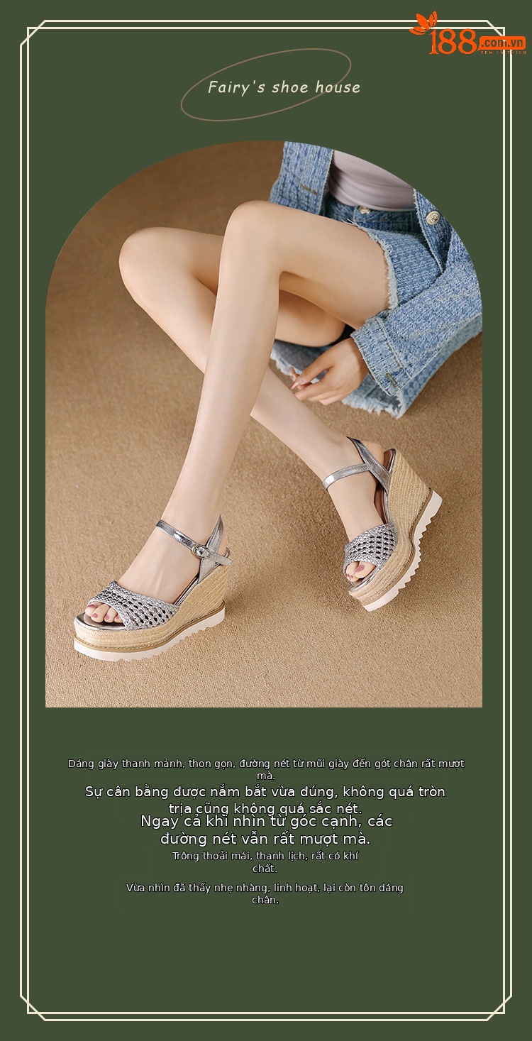 Sandal cao gót nữ mũi vuông hở ngón, đế xuồng đan rơm, gót 9 cm — màu vàng, bạc chi tiết 1