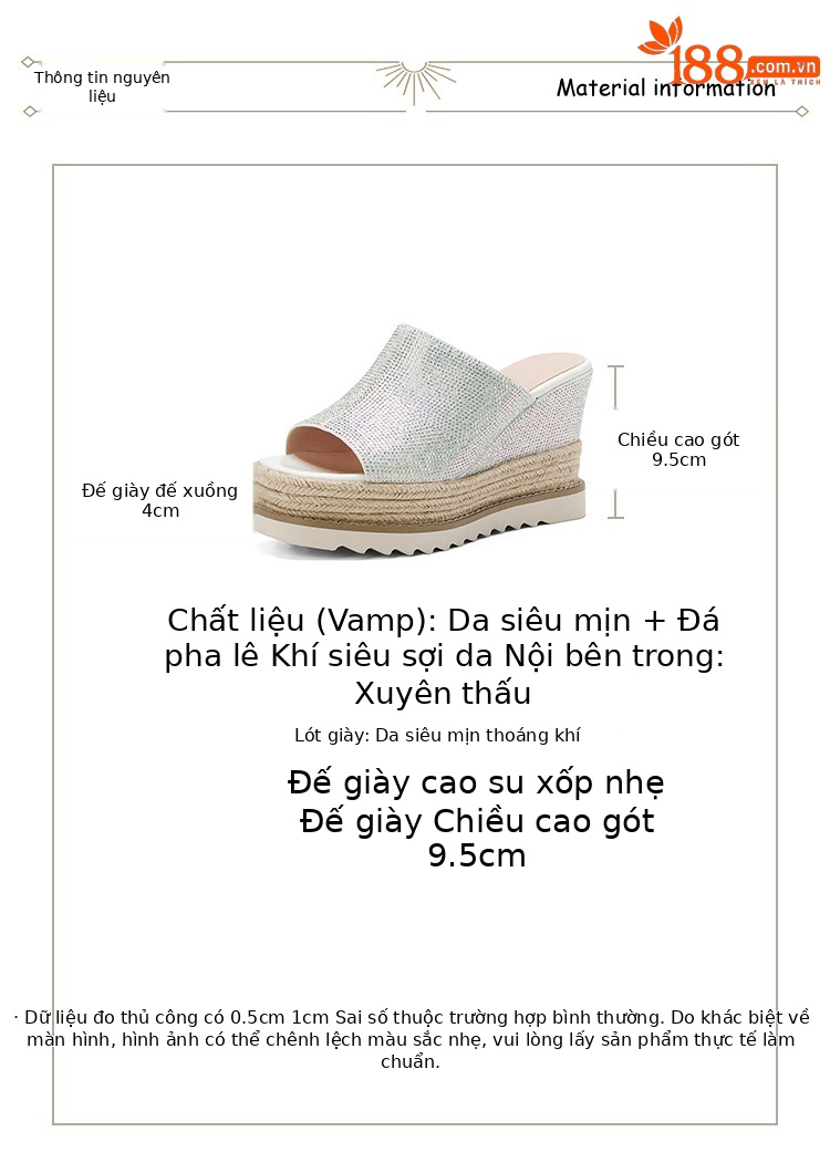 Sandal cao gót nữ đế xuồng đan rơm mũi hở đính đá — màu hồng nhạt, bạc chi tiết 2