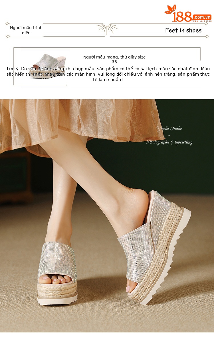 Sandal cao gót nữ đế xuồng đan rơm mũi hở đính đá — màu hồng nhạt, bạc chi tiết 3