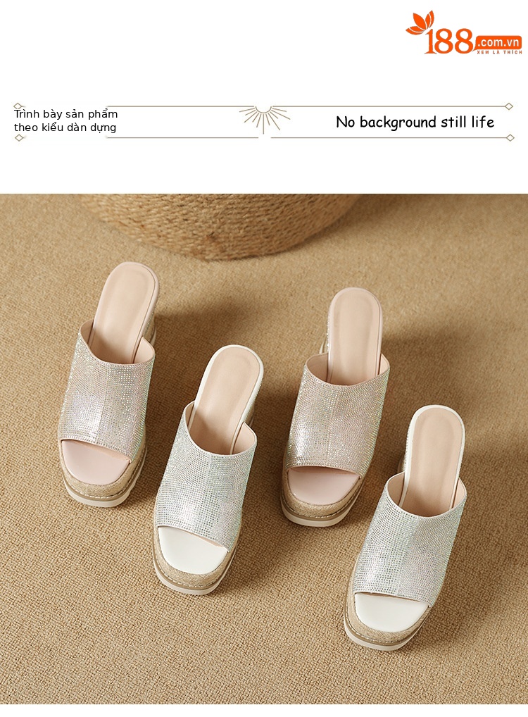 Sandal cao gót nữ đế xuồng đan rơm mũi hở đính đá — màu hồng nhạt, bạc chi tiết 9