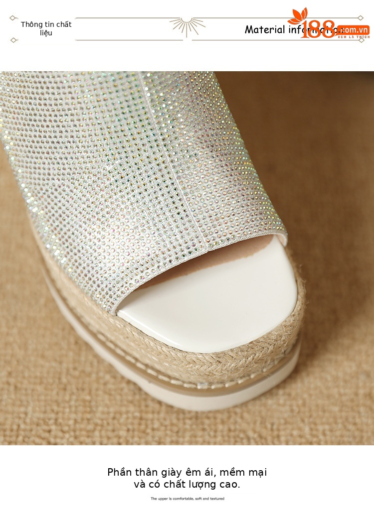 Sandal cao gót nữ đế xuồng đan rơm mũi hở đính đá — màu hồng nhạt, bạc chi tiết 12