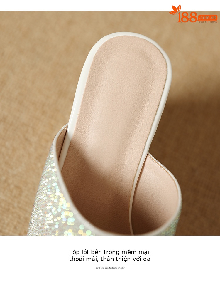 Sandal cao gót nữ đế xuồng đan rơm mũi hở đính đá — màu hồng nhạt, bạc chi tiết 13