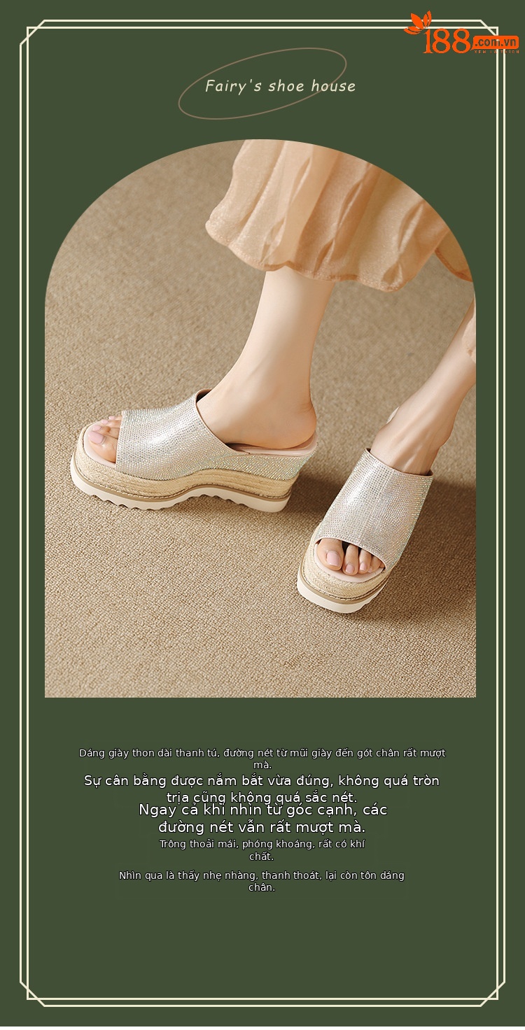 Sandal cao gót nữ đế xuồng đan rơm mũi hở đính đá — màu hồng nhạt, bạc chi tiết 1