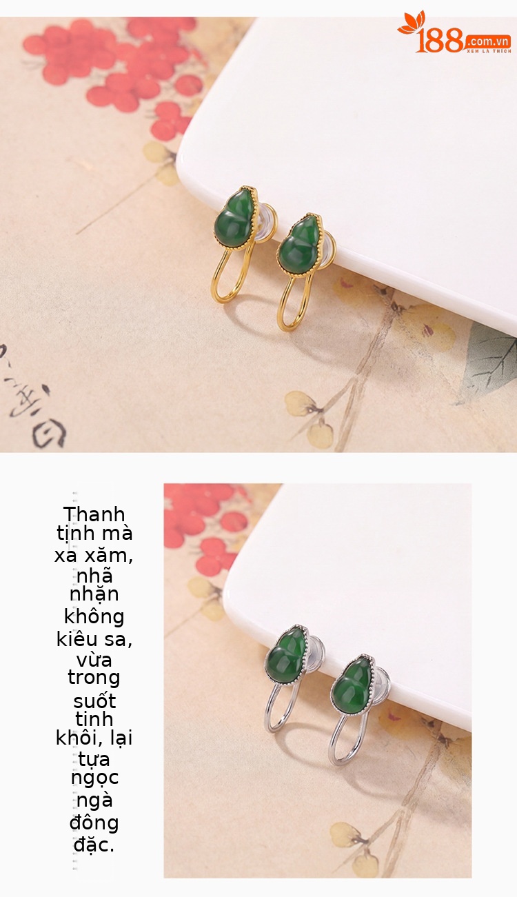 Bông tai bạc S925 mạ vàng đính đá hồ lô phong cách cổ điển, kẹp không xỏ lỗ — Loại bạc chi tiết 3