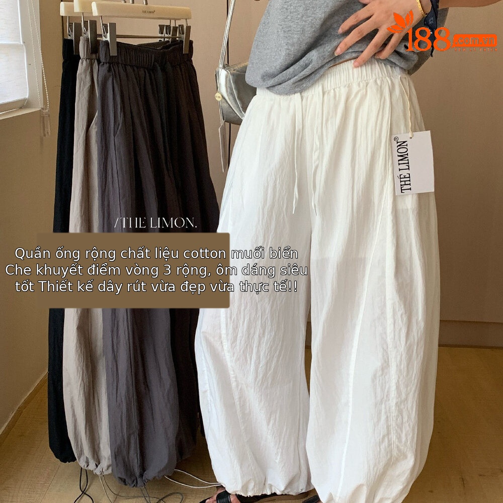 Quần culottes nữ ống rộng cạp cao rút dây, phong cách thể thao, mùa hè 2026 — Xanh lá cây nhạtcolor, xám đậm, màu đen, màu trắng