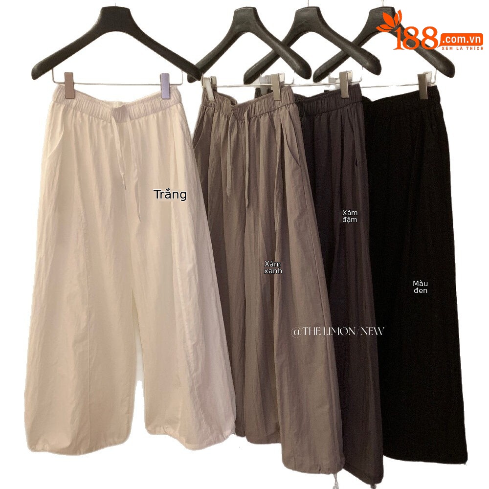 Quần culottes nữ ống rộng cạp cao rút dây, phong cách thể thao, mùa hè 2026 — Xanh lá cây nhạtcolor, xám đậm, màu đen, màu trắng