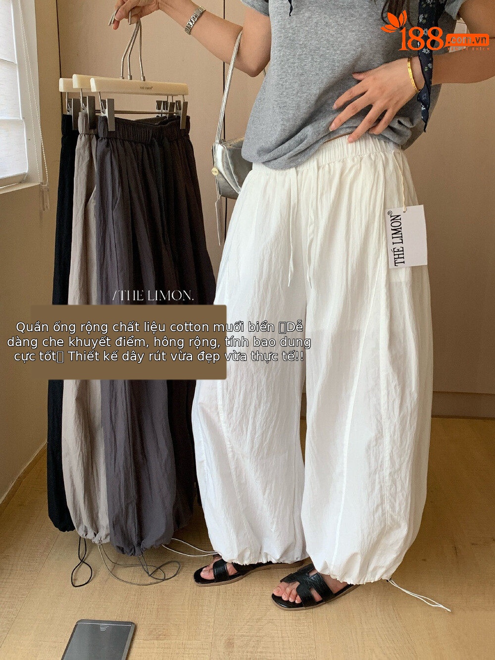 Quần culottes nữ ống rộng cạp cao rút dây, phong cách thể thao, mùa hè 2026 — Xanh lá cây nhạtcolor, xám đậm, màu đen, màu trắng chi tiết 4