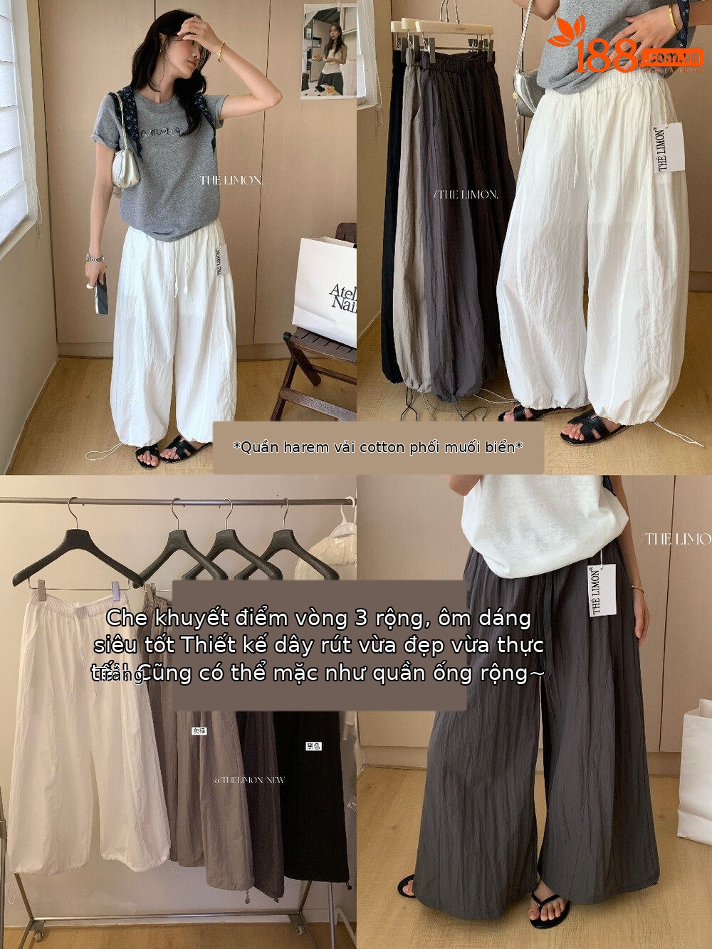 Quần culottes nữ ống rộng cạp cao rút dây, phong cách thể thao, mùa hè 2026 — Xanh lá cây nhạtcolor, xám đậm, màu đen, màu trắng chi tiết 15
