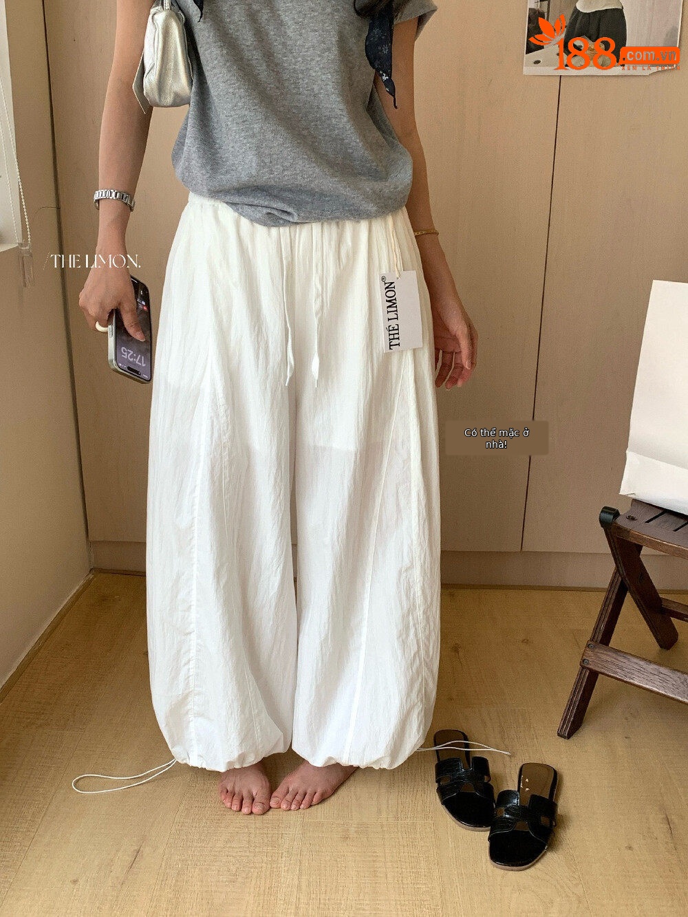 Quần culottes nữ ống rộng cạp cao rút dây, phong cách thể thao, mùa hè 2026 — Xanh lá cây nhạtcolor, xám đậm, màu đen, màu trắng chi tiết 28