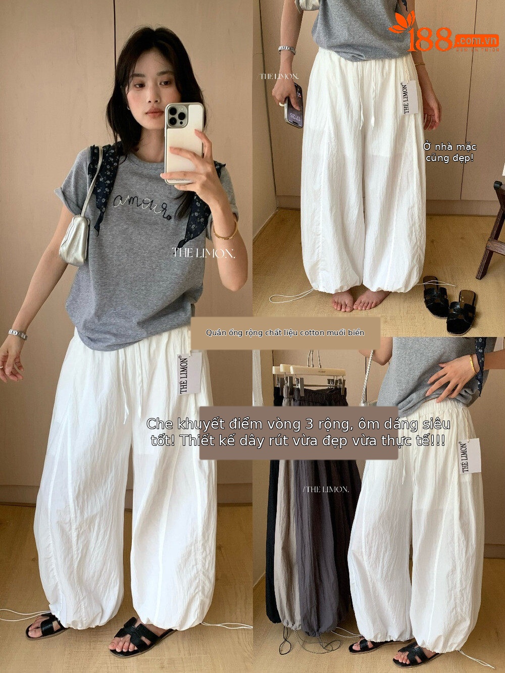 Quần culottes nữ ống rộng cạp cao rút dây, phong cách thể thao, mùa hè 2026 — Xanh lá cây nhạtcolor, xám đậm, màu đen, màu trắng chi tiết 32